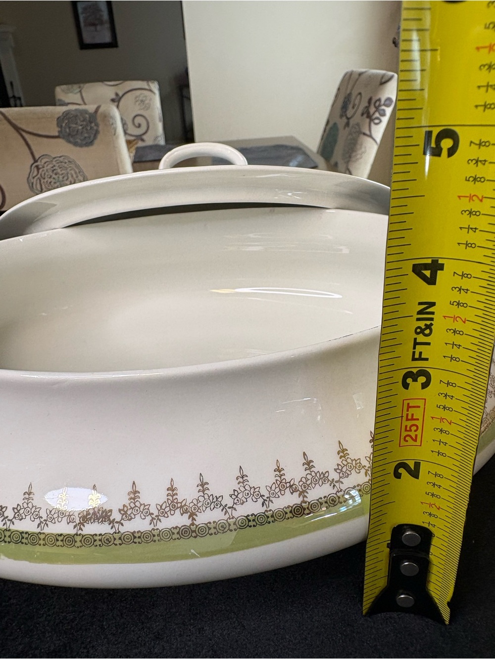Vintage Homer Laughlin White Covered Serving Dish with Green and Gold Trim - Picture 10 of 10